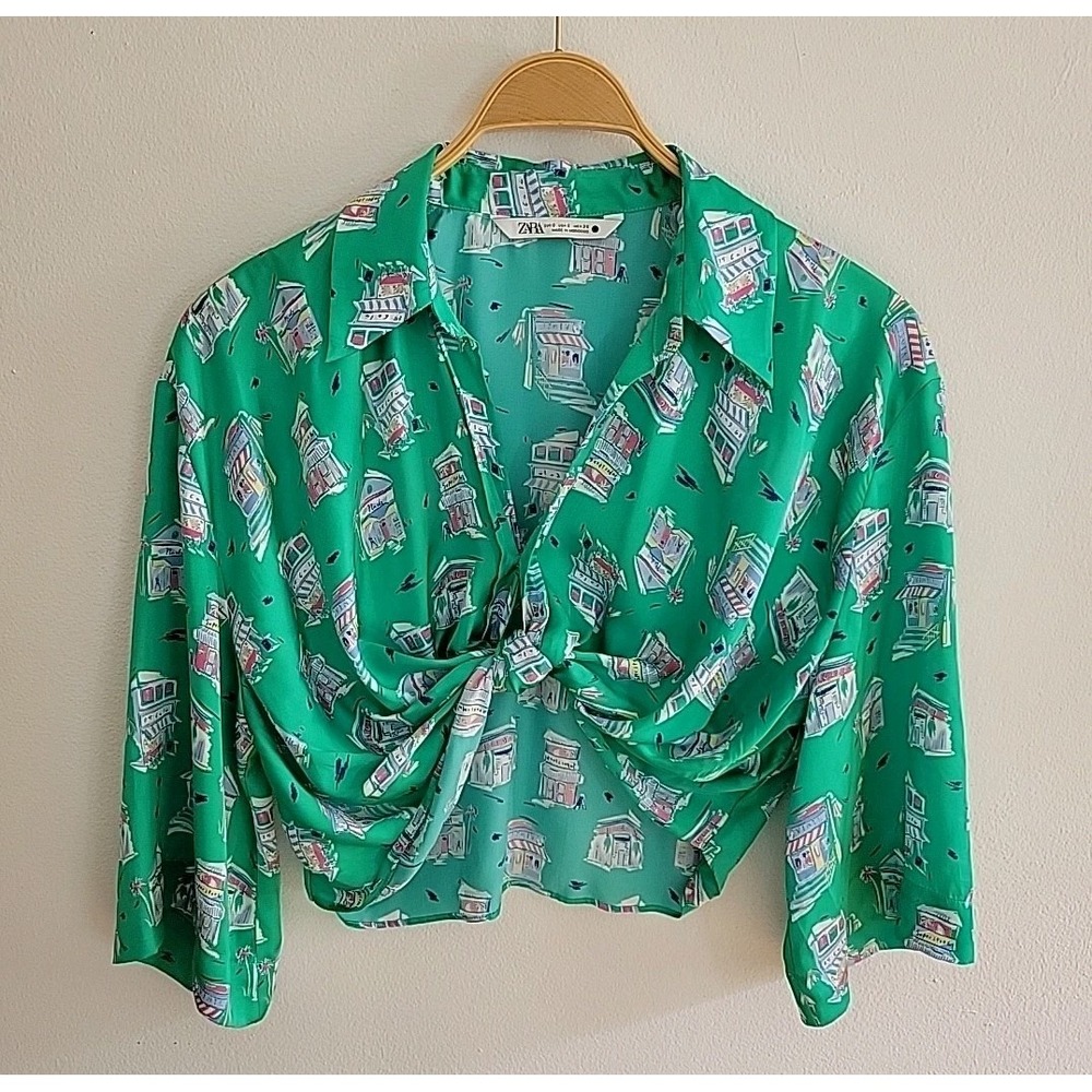 Zara Patterned Front Twist Crop Top Small‎ Green Chic Contemporary Novelty Retro